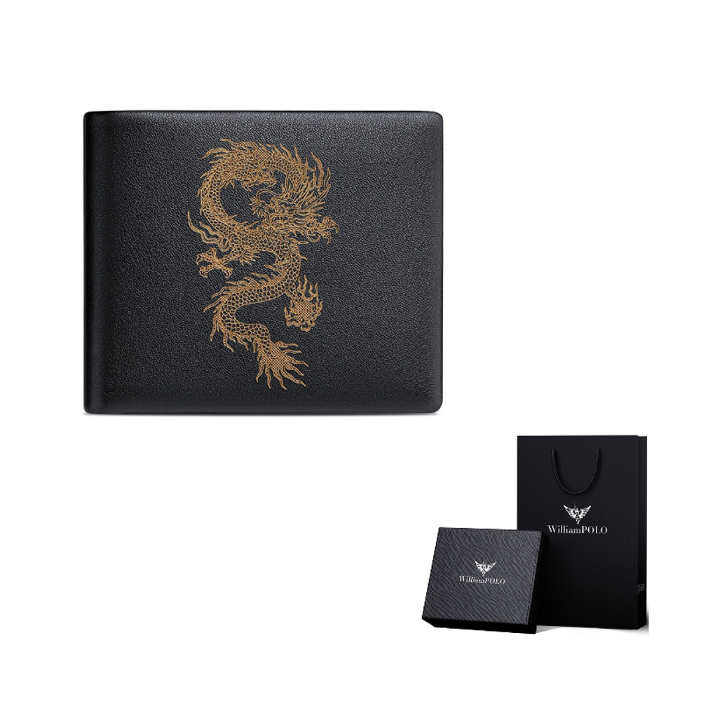 WilliamPOLO Cow Leather Short Wallet Box Multiple Card Slots Wallet Coin Purse Men"s Black