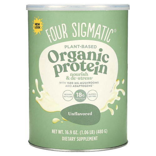 Four Sigmatic, Органический белок растительного происхождения с грибами и адаптогенами, без ароматизаторов, 1,06 фунта (16,9 унций) (480 г)