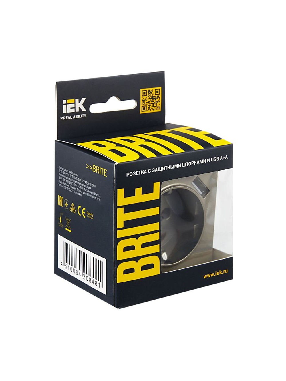 Розетка BRITE РЮш10-2-БрШ 16А с USB A+A 3.1А с заземл. защ. шторки механизм шампань IEK BR-R14-16-U21-D31-K37