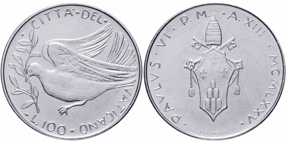 Ватикан 100 лир, 1970 - 1977 Голубь мира XF