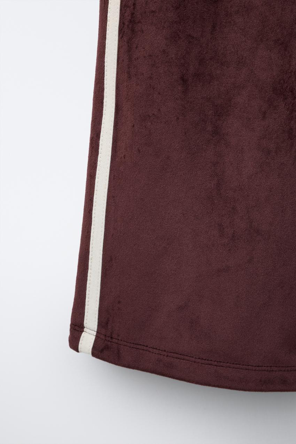 ZARA БРЮКИ WIDE LEG ИЗ ВЕЛЬВЕТА С КОНТРАСТНЫМИ ЛАМПАСАМИ, КОРИЧНЕВЫЙ