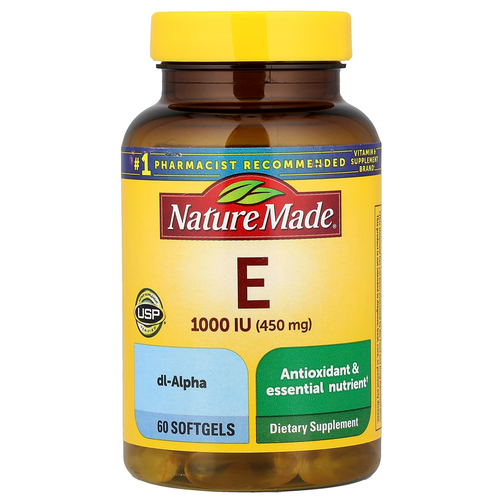 Nature Made, витамин E, 450 мг (1000 МЕ), 60 мягких таблеток
