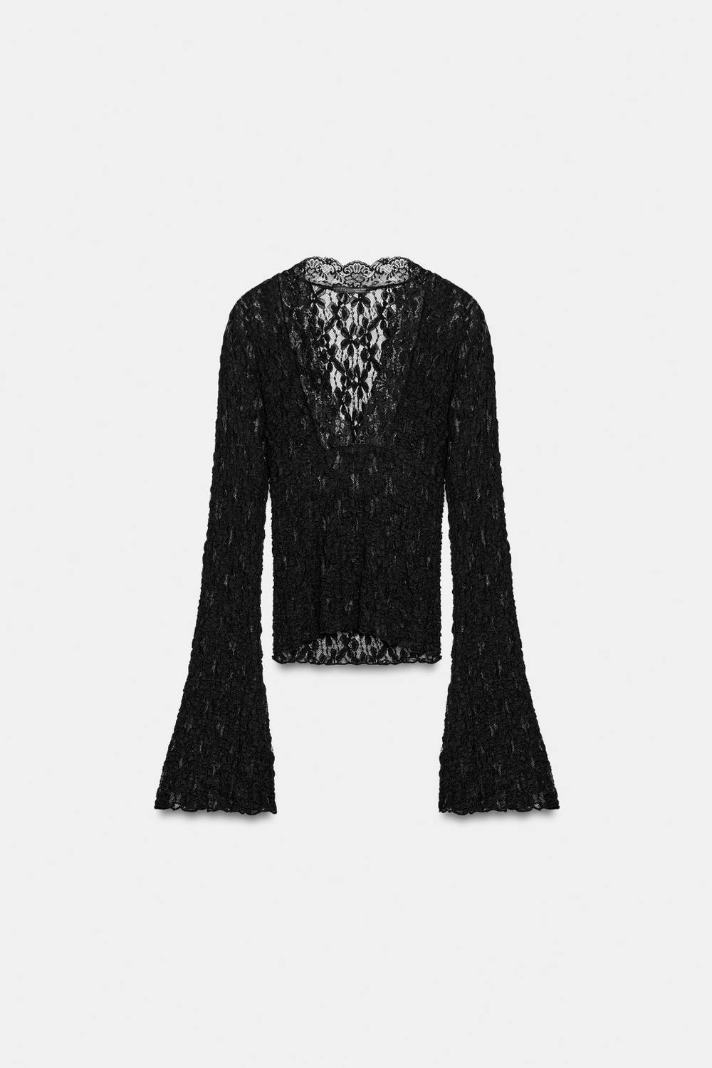 ZARA КРУЖЕВНОЙ ТОП С РУКАВАМИ КЛЕШ, ЧЕРНЫЙ