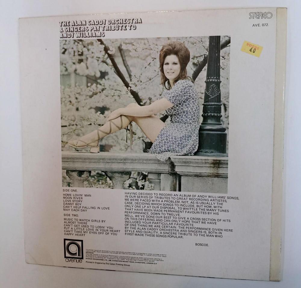 Винтажная виниловая пластинка LP The Alan Caddy Orchestra and Singers Pay Tribute To Andy Williams (UK 1971)