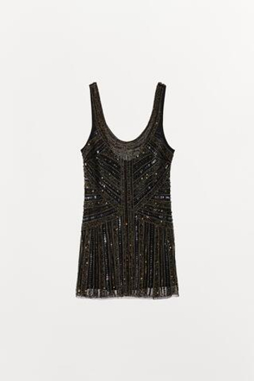 ZARA МИНИ-ПЛАТЬЕ С ВЫШИВКОЙ И БУСИНАМИ, ЧЕРНЫЙ