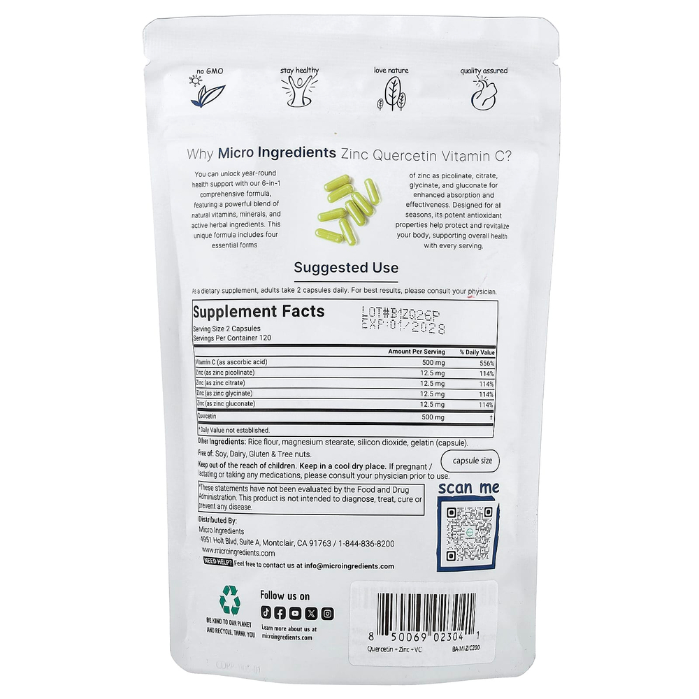 Micro Ingredients, цинк, кверцетин и витамин C, 240 капсул