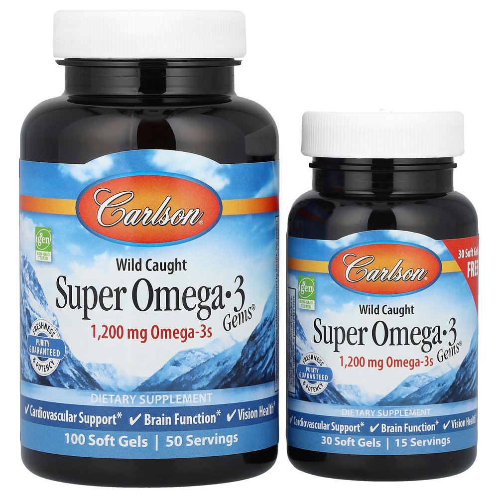 Carlson, Super Omega-3 Gems®, высокоэффективные омега-3 кислоты из рыбы дикого улова, 100 + 30 капсул