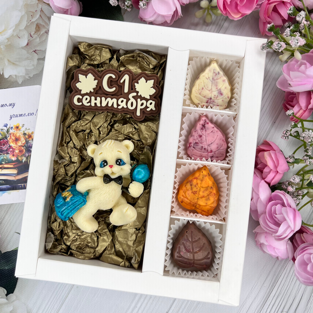 Шоколадный набор "С 1 сентября. Мишка с портфелем»: шоколадка-надпись и 4 конфеты ручной работы
