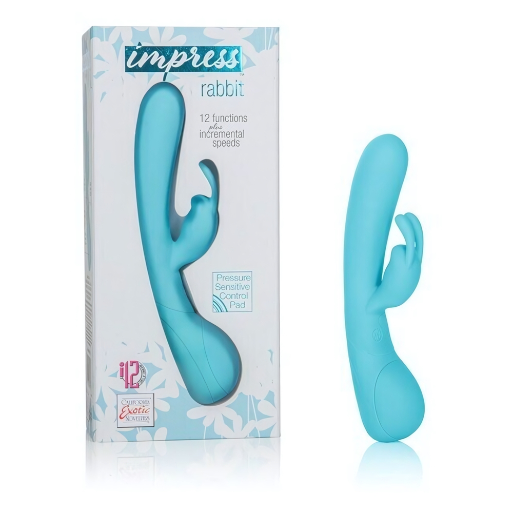 Силиконовый вибратор со стимуляцией клитора и панелью давления Impress Rabbit (12 режимов) (Цвет: голубой)