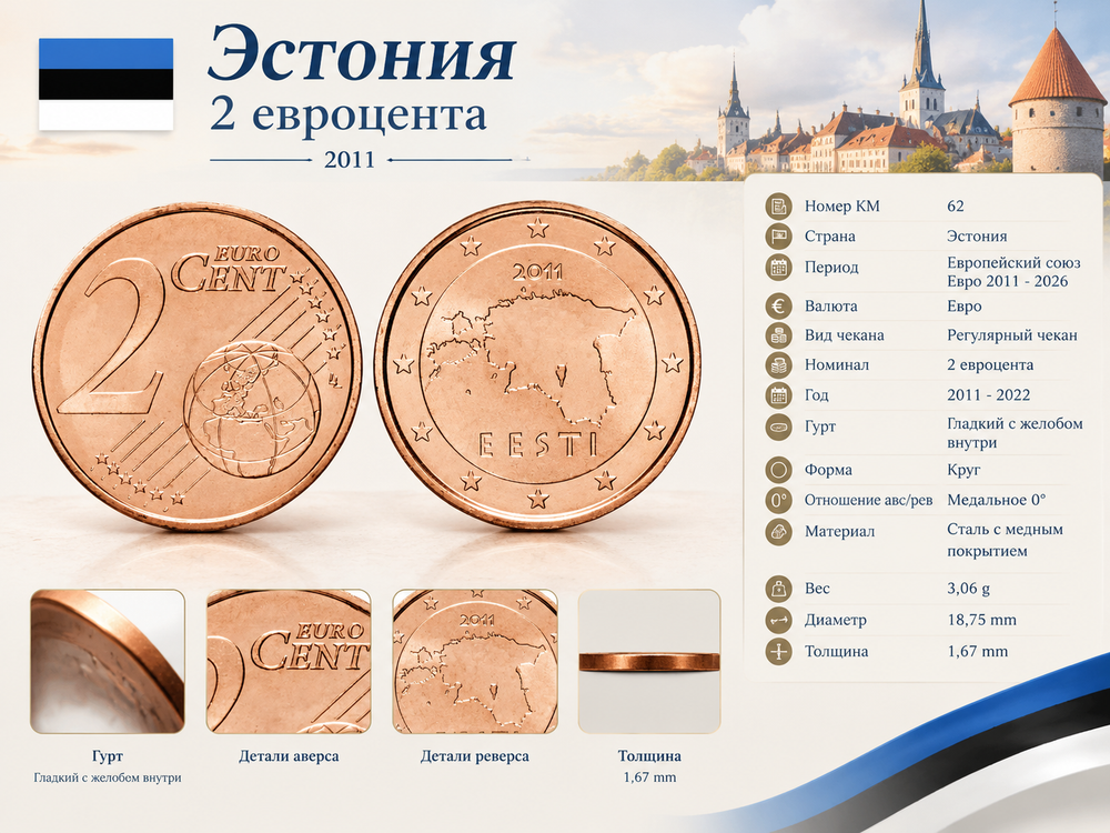 Эстония 2 евроцента, 2011-2022 Карта XF