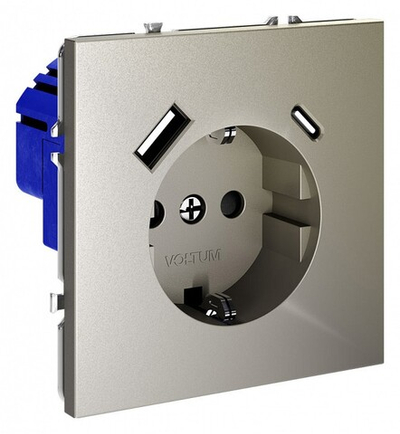 Розетка с заземлением и со шторкой и 2хUSB type A и C, без рамки Voltum S70 VLS040504