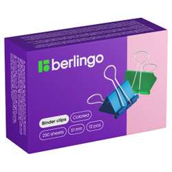 Зажимы для бумаг 51мм, 12шт., цветные, картонная коробка, Berlingo