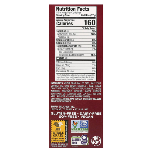 Bobo's Oat Bars, Овсяные кусочки с шоколадом и миндалем, 5 кусочков по 37 г (1,3 унции)