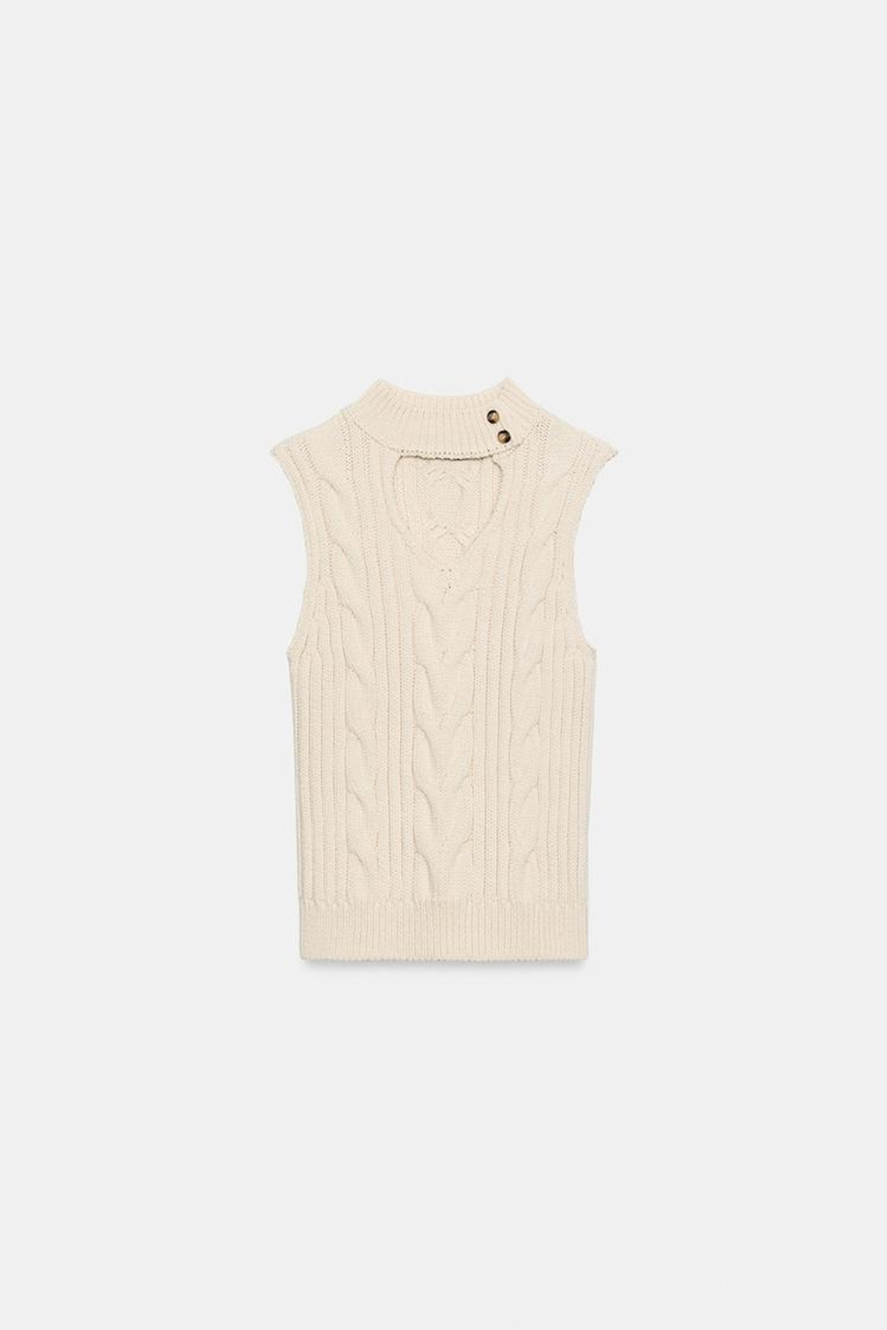 ZARA ТРИКОТАЖНЫЙ ТОП КОСЬЮ С ВЫРЕЗОМ, ЭКРЮ