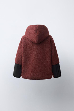 ZARA КУРТКА ИЗ ИСКУССТВЕННОЙ ОВЧИНЫ С КАПЮШОНОМ, КРАСНОВАТЫЙ
