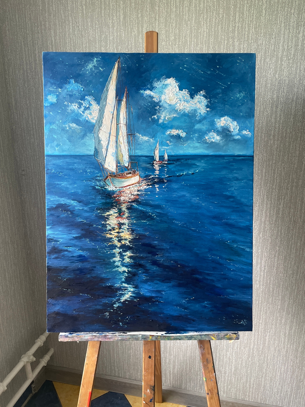 Морской пейзаж с яхтами на закате, масло на холсте