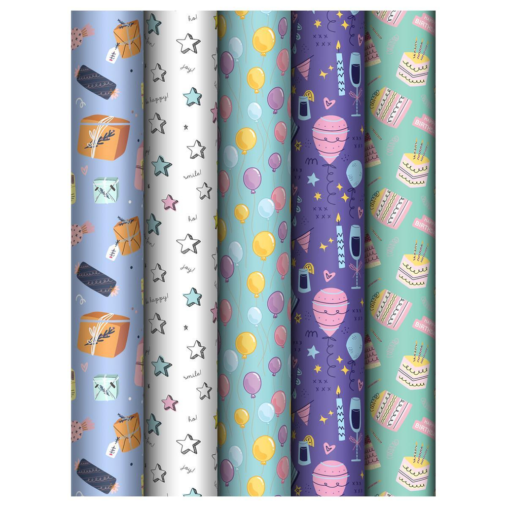 Упаковочная бумага глянц. 70*100см. "Birthday mood" 80 г/м2, ассорти, 5 диз. (MESHU)