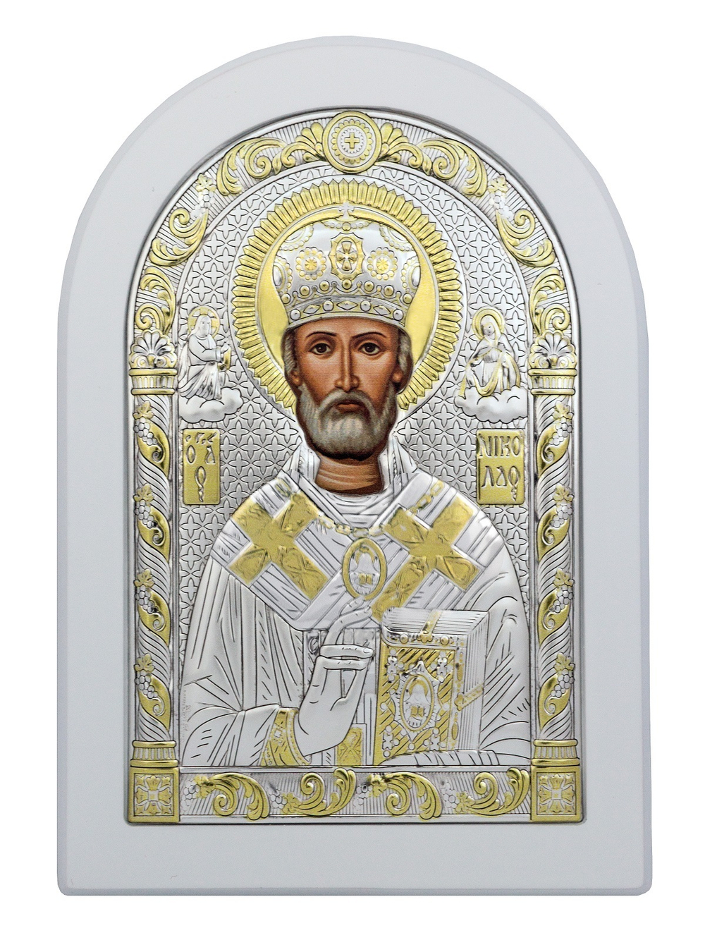 Николай Чудотворец, икона арочная, белое дерево 150х200