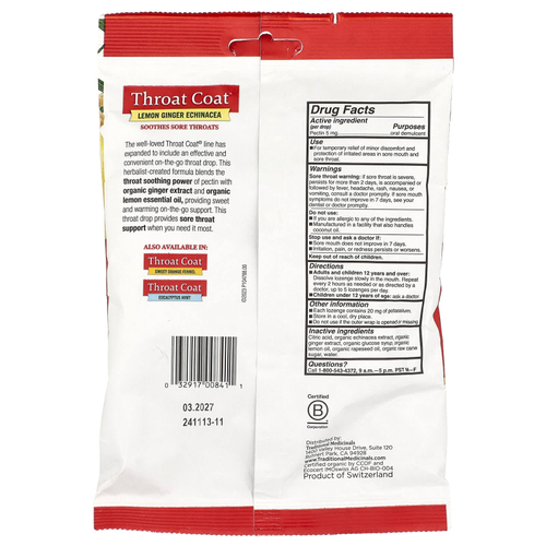 Traditional Medicinals, Organic Throat Coat®, капли для горла с лимоном и имбирем, 30 капель для горла с пектином