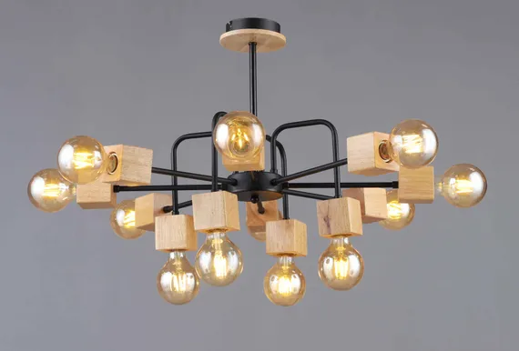 Люстра потолочная Rilon 6343/12 BK+WOOD, 12×40 Вт, чёрная