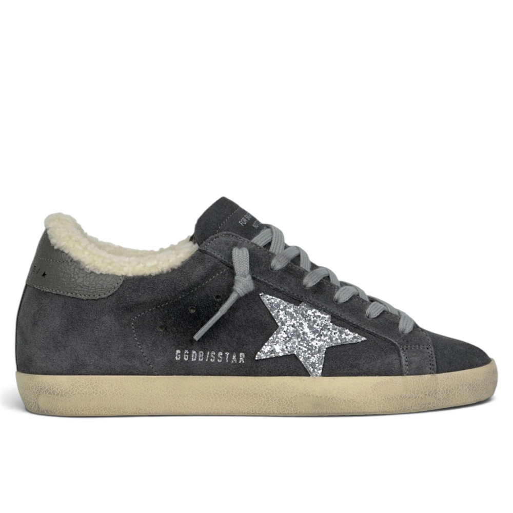 Women’s Super Star Shearling in Anthracite Suede With Silver Glitter Star