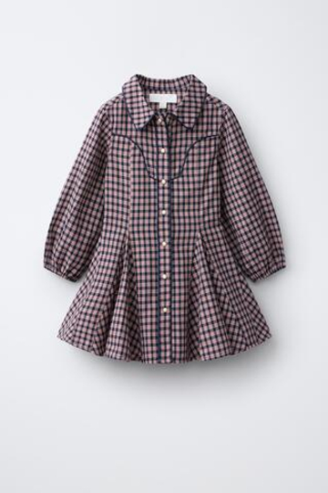 ZARA ПЛАТЬЕ В КЛЕТКУ ТРАПЕЦИЕВИДНОГО КРОЯ, ЭКРЮ/СИНИЙ