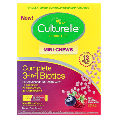 Culturelle, комплекс биотиков 3 в 1, жевательные мини-жевательные таблетки, ягодный вкус, 28 порционных пакетиков по 1,5 г (0,05 унции)