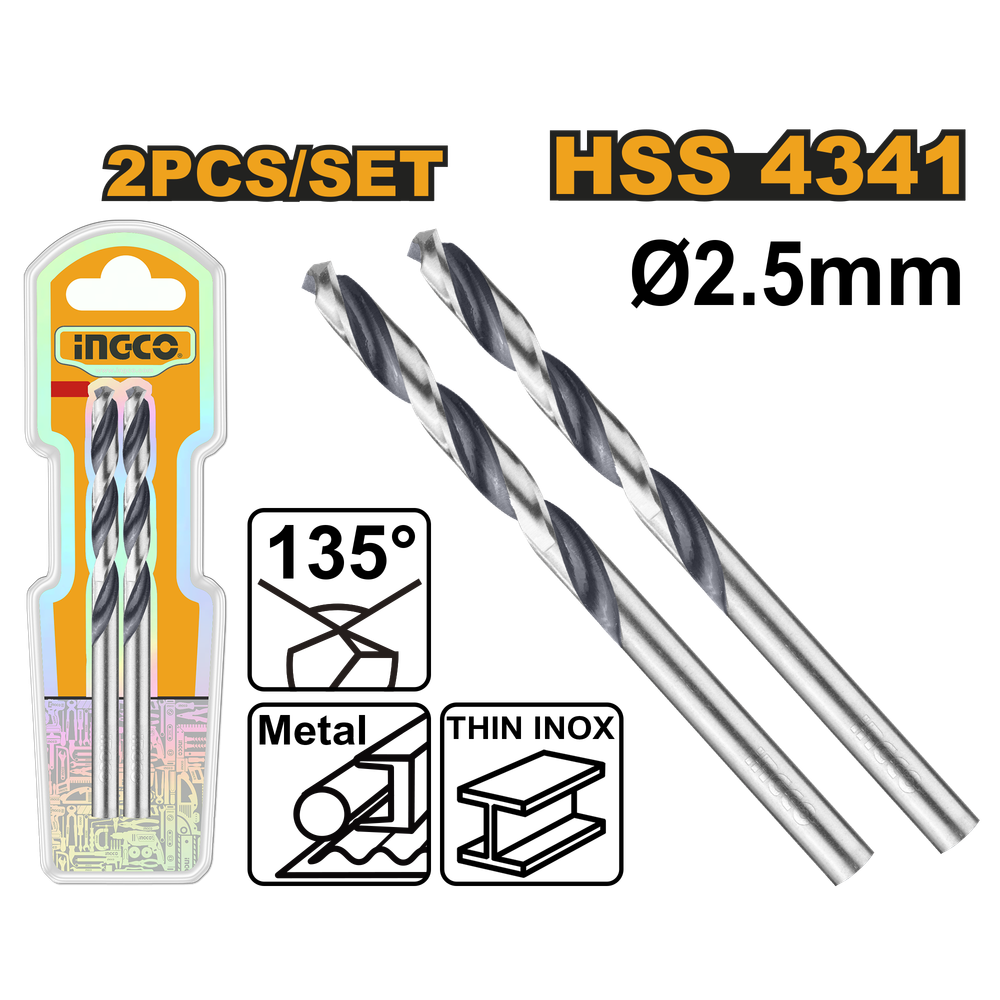 Сверло по металлу 2,5 мм INGCO DBT1200254 INDUSTRIAL HSS4341 2 шт.