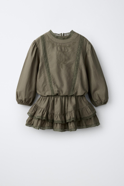 ZARA ПЛАТЬЕ В СТИЛЕ БОХО С КРУЖЕВОМ, ХАКИ