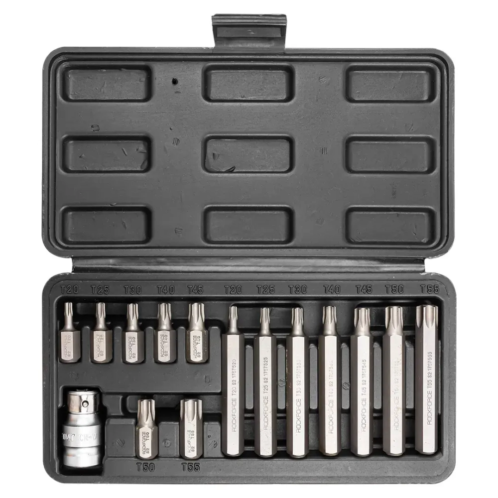 Набор бит TORX с битодержателем,15пр. 1/2''(L: 30/75мм, Т20,Т25,Т30,Т40,Т45,Т50,Т55) RockForce##Rock FORCE RF-4156(C)