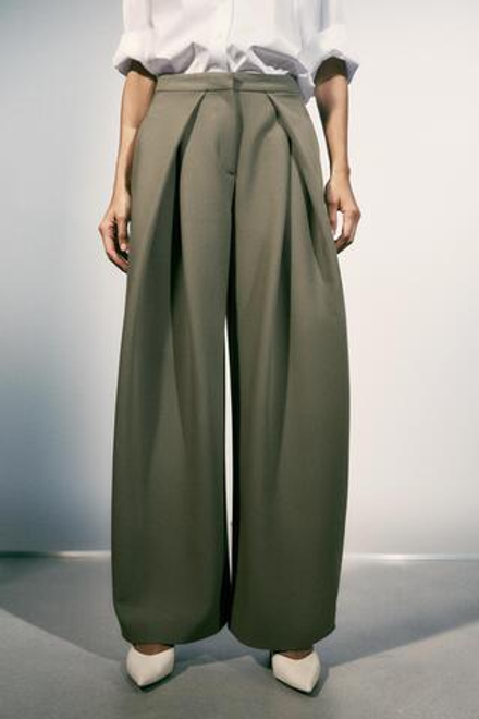 ZARA ШИРОКИЕ БРЮКИ СО СКЛАДКАМИ, ХАКИ