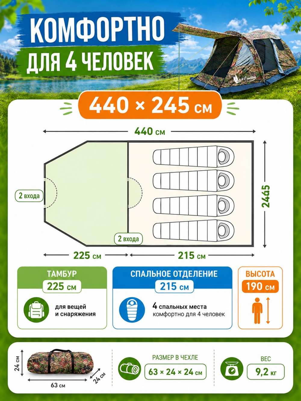 Палатка MirCamping 1036МС кемпинговая УСИЛЕННАЯ, камуфляж
