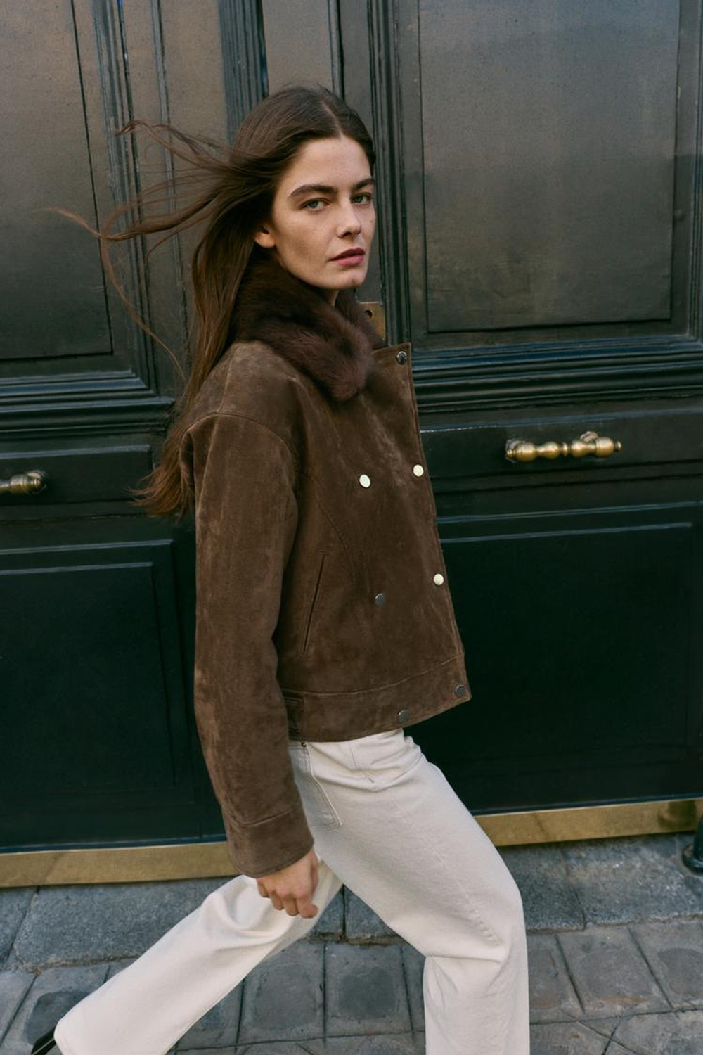 ZARA СТЕГАНАЯ КУРТКА ИЗ 100% КОЖИ С МЕХОВЫМ ВОРОТНИКОМ, ТЕМНО-КОРИЧНЕВЫЙ