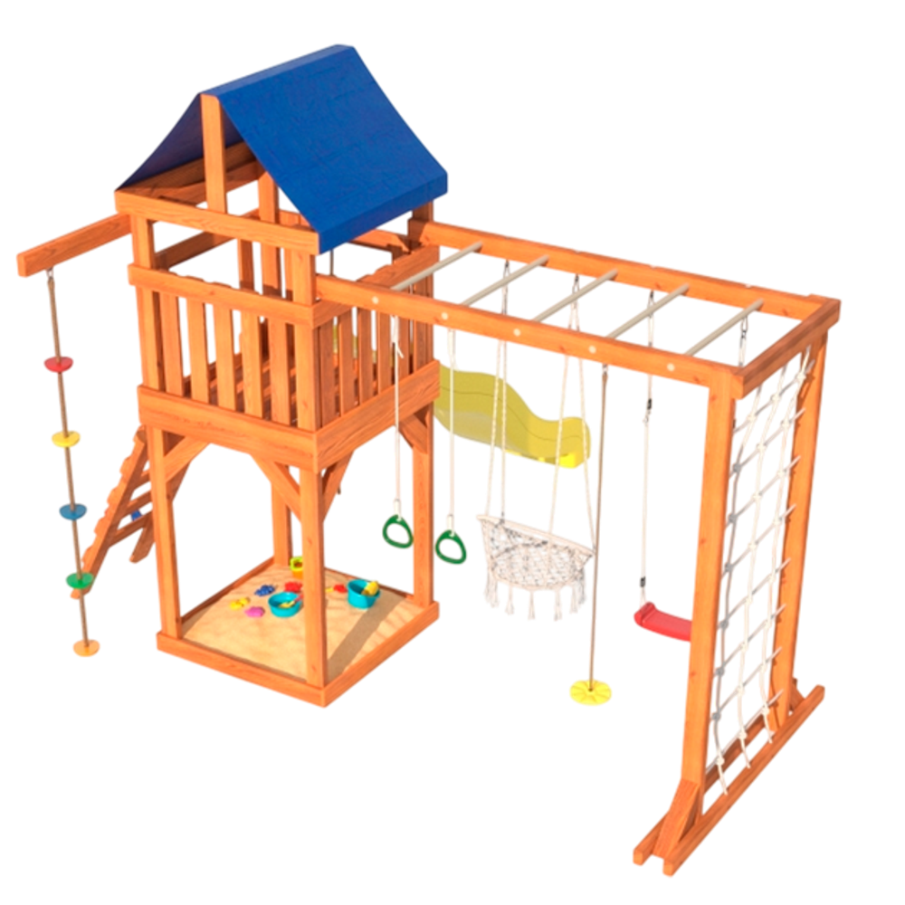 Детская площадка Fun Land с модулем сетка-рукоход, подвесным креслом и качелями