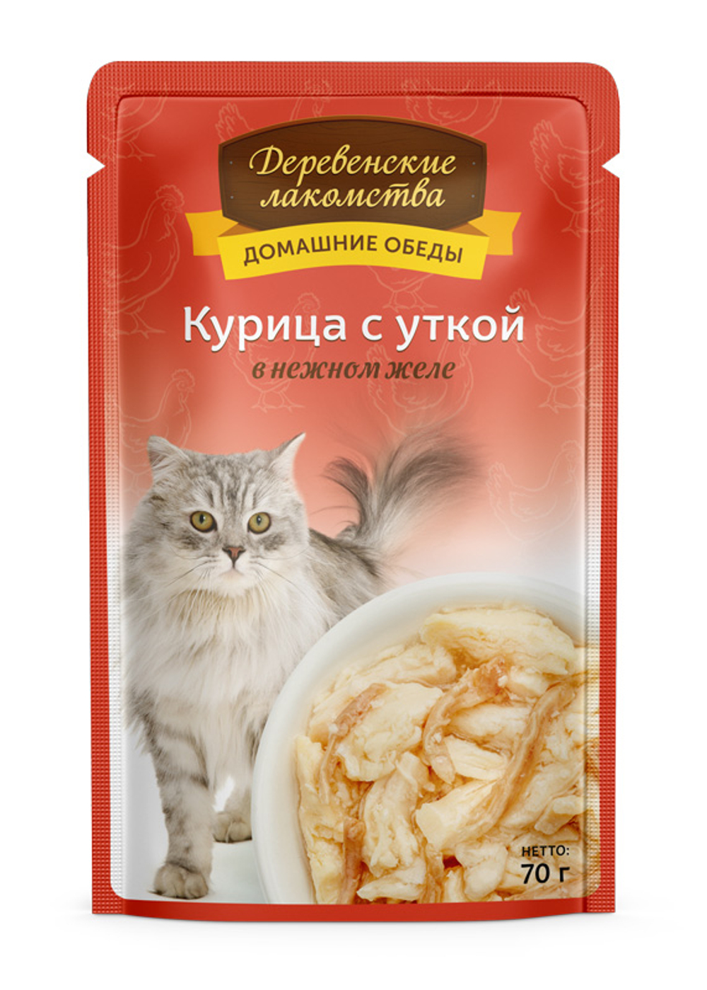 ДЕРЕВЕНСКИЕ ЛАКОМСТВА Домашние обеды Влажный корм для взрослых кошек с курицей и уткой 0,07 кг