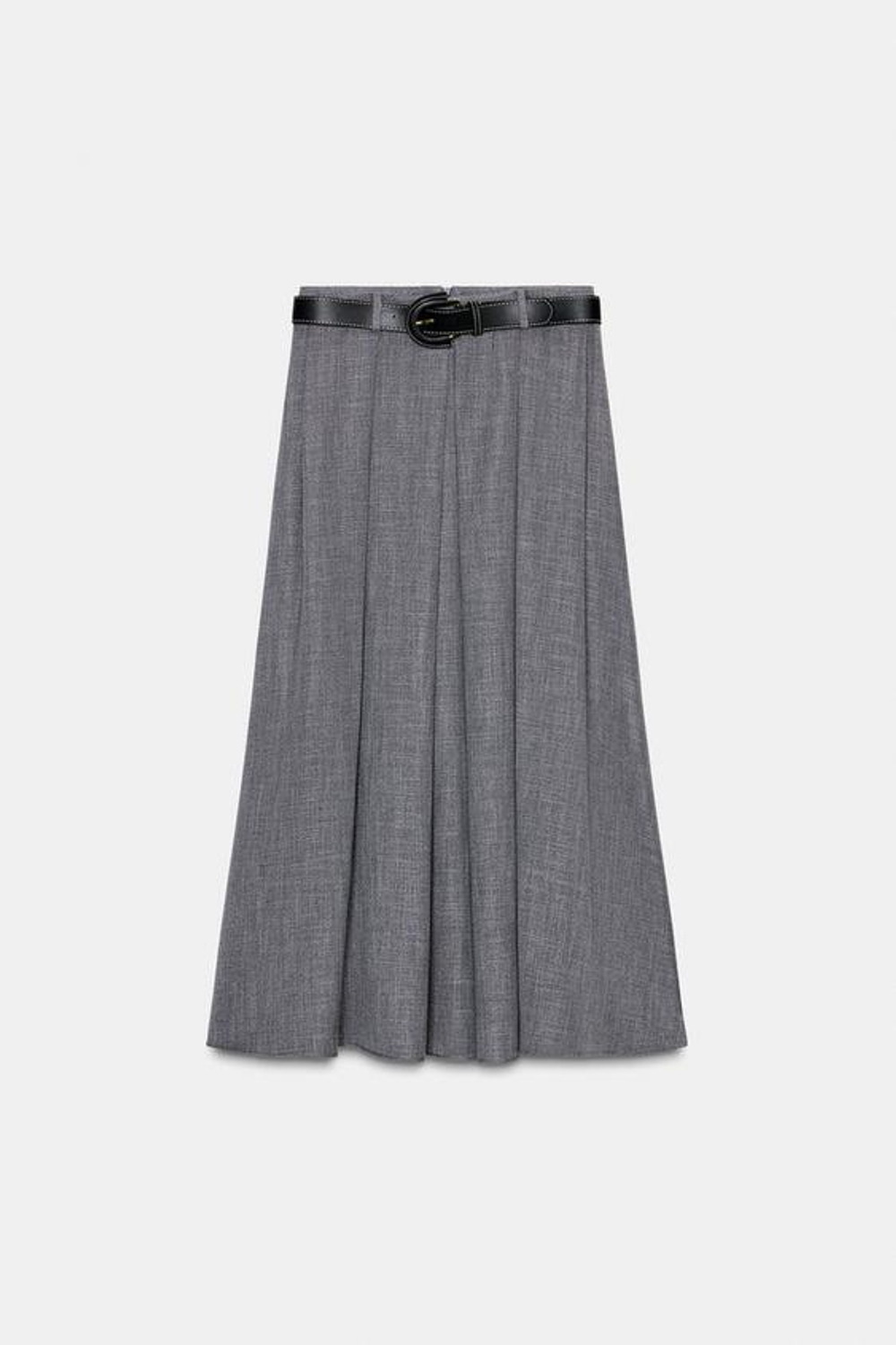 ZARA ЮБКА МИДИ СО СКЛАДКАМИ И РЕМНЕМ, СЕРЫЙ