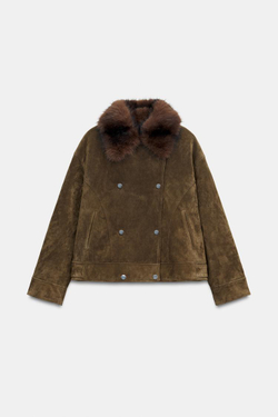 ZARA СТЕГАНАЯ КУРТКА ИЗ 100% КОЖИ С МЕХОВЫМ ВОРОТНИКОМ, ТЕМНО-КОРИЧНЕВЫЙ