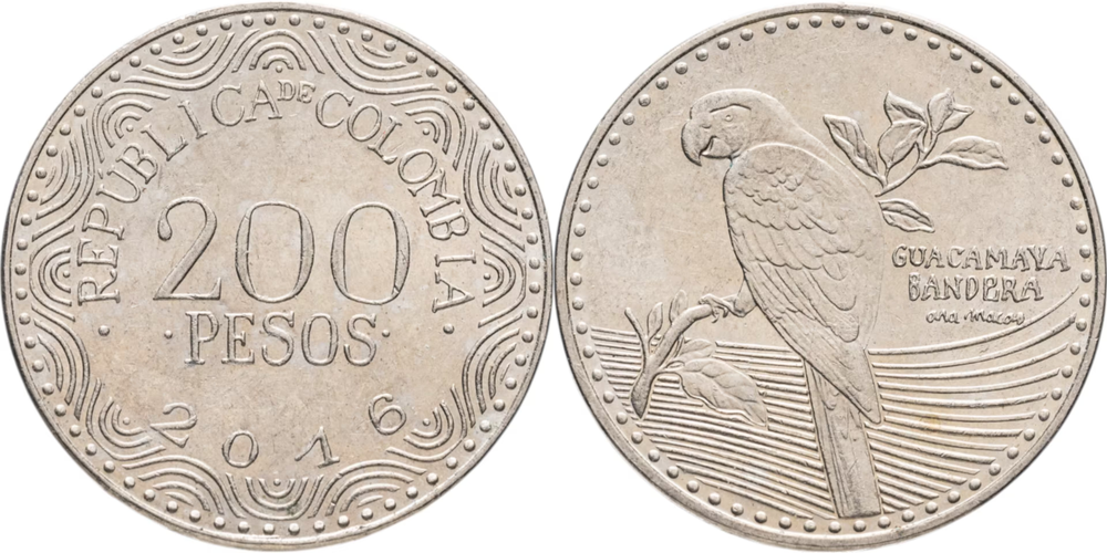 Колумбия 200 песо, 2012 - 2025 Попугай XF