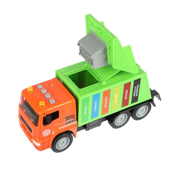 Машина пластик свет-звук KAMAZ МУСОРОВОЗ 30 см, бачок, двер, инер, зел, кор. Технопарк