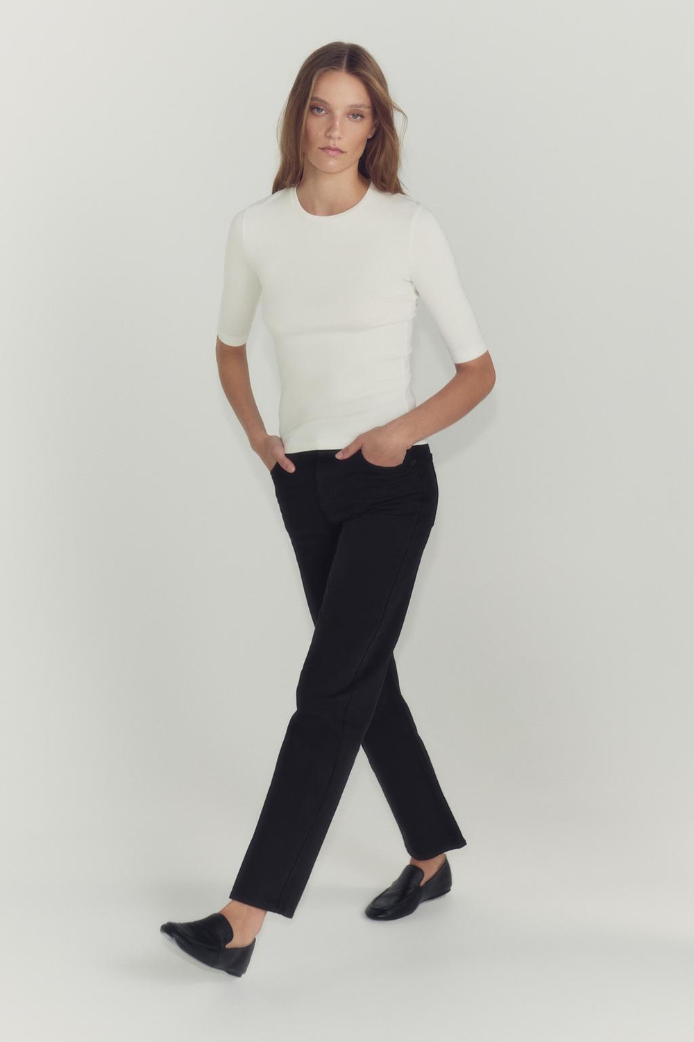 ZARA ФУТБОЛКА С РУКАВАМИ ДО ЛОКТЯ, БЕЛЫЙ