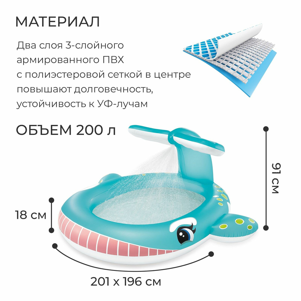 Бассейн надувной Intex 57440 Whale Spray 201х196х91 см / Круглый бассейн Интекс с водяным фонтаном распылителем Кит для дачи