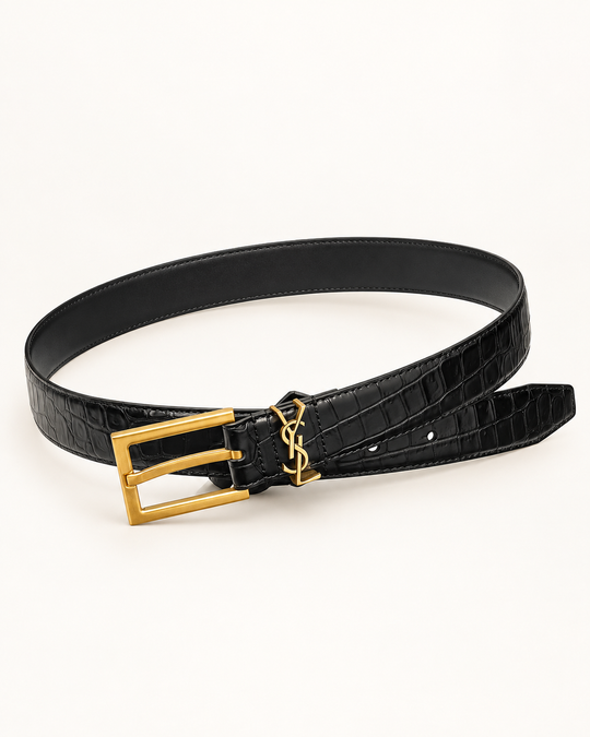 Женский ремень Saint Laurent 3,0 см — чёрный с монограммой на шлёвке