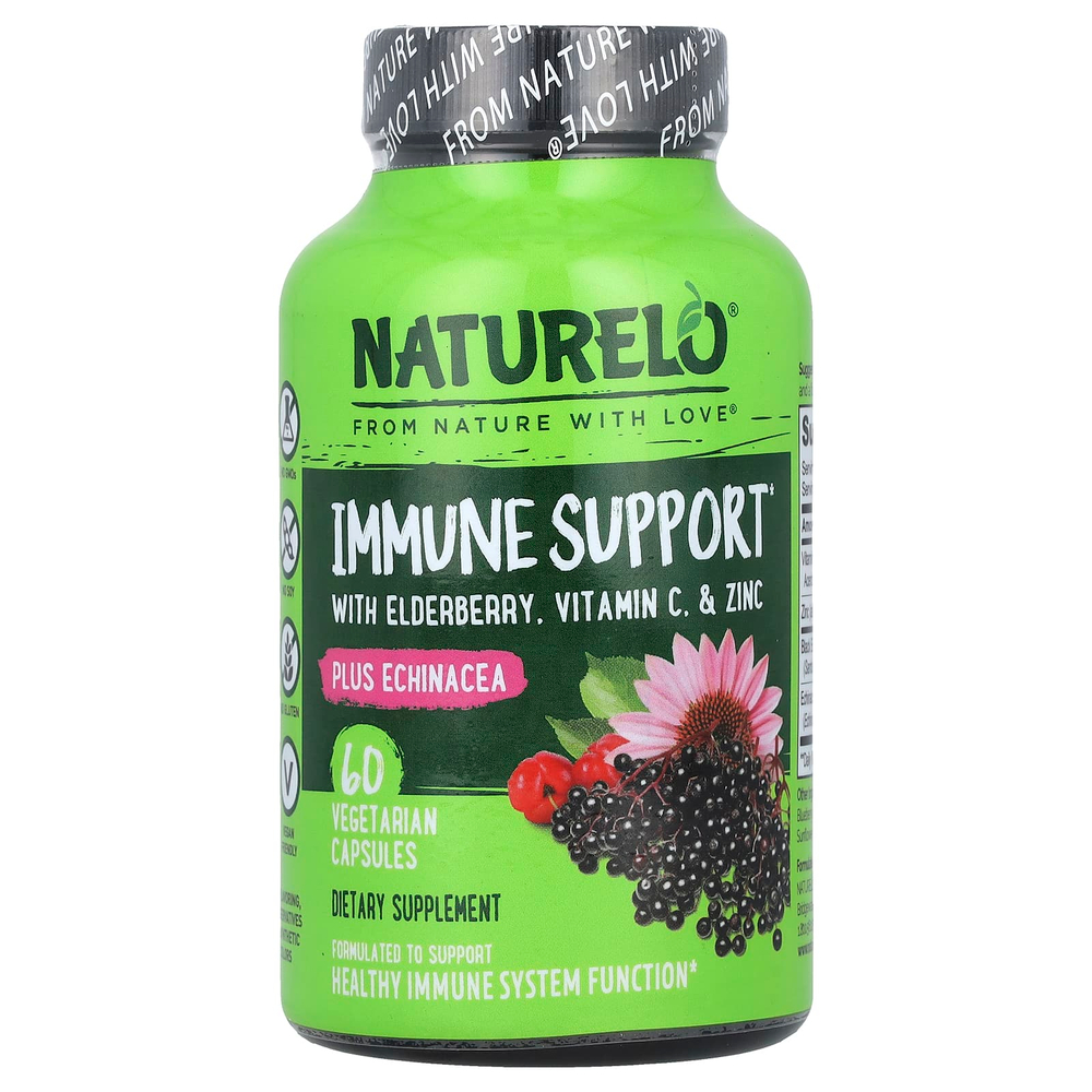 NATURELO, Поддержка иммунитета с бузиной, витамином С, цинком и эхинацеей, 60 вегетарианских капсул
