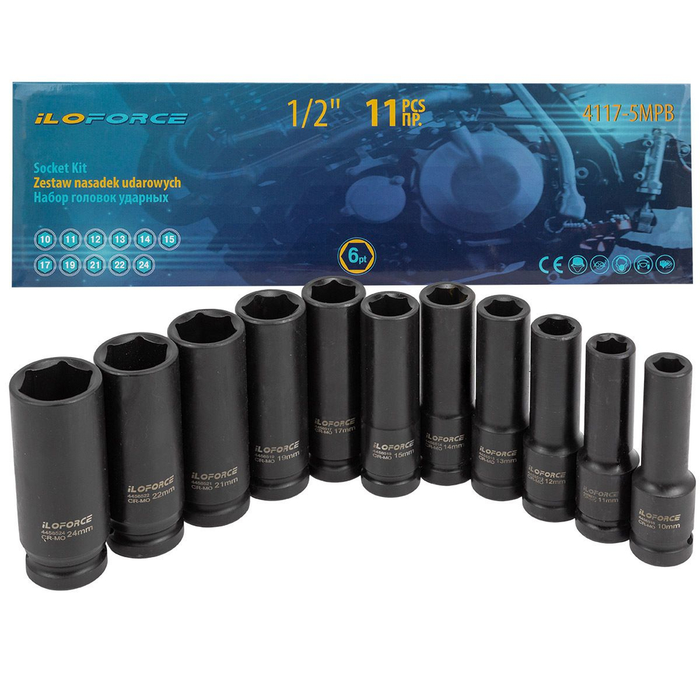 Набор головок ударных глубоких 11пр.1/2''(6-гр.)(10-15,17,19,21,22,24),в кейсе ILOforce IF-4117-5MPB