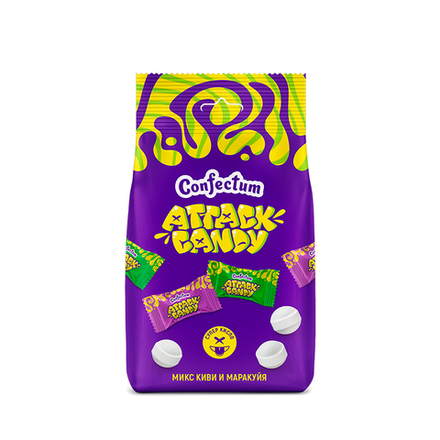 Кислая конфета «Confectum Attack candy» со вкусами киви и маракуйи, 50 гр х 12 шт