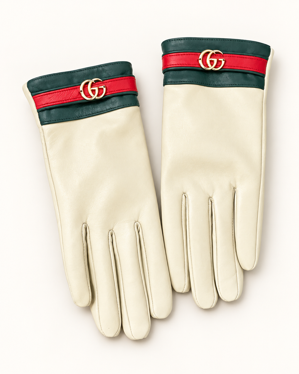 Женские перчатки Gucci — молочные с зелёно-красной отделкой