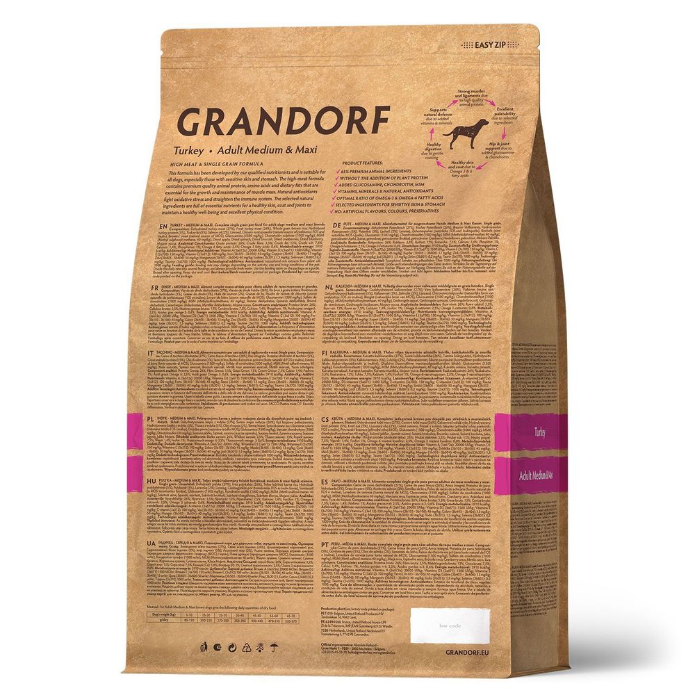 Сухой корм Grandorf DOG Turkey MED&MAXI для взрослых собак средних и крупных пород, индейка