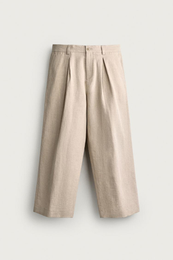 ZARA БРЮКИ СО СКЛАДКАМИ RELAXED FIT, СВЕТЛО-БЕЖЕВЫЙ