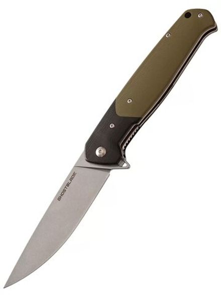Нож складной GhostBlade Rune, сталь D2, Stonewash, 58-62 HRC, Drop-point, рукоять G10 оливковая, замок Liner lock