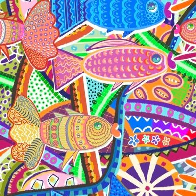 Яркая абстракция с рыбами на разноцветном фоне